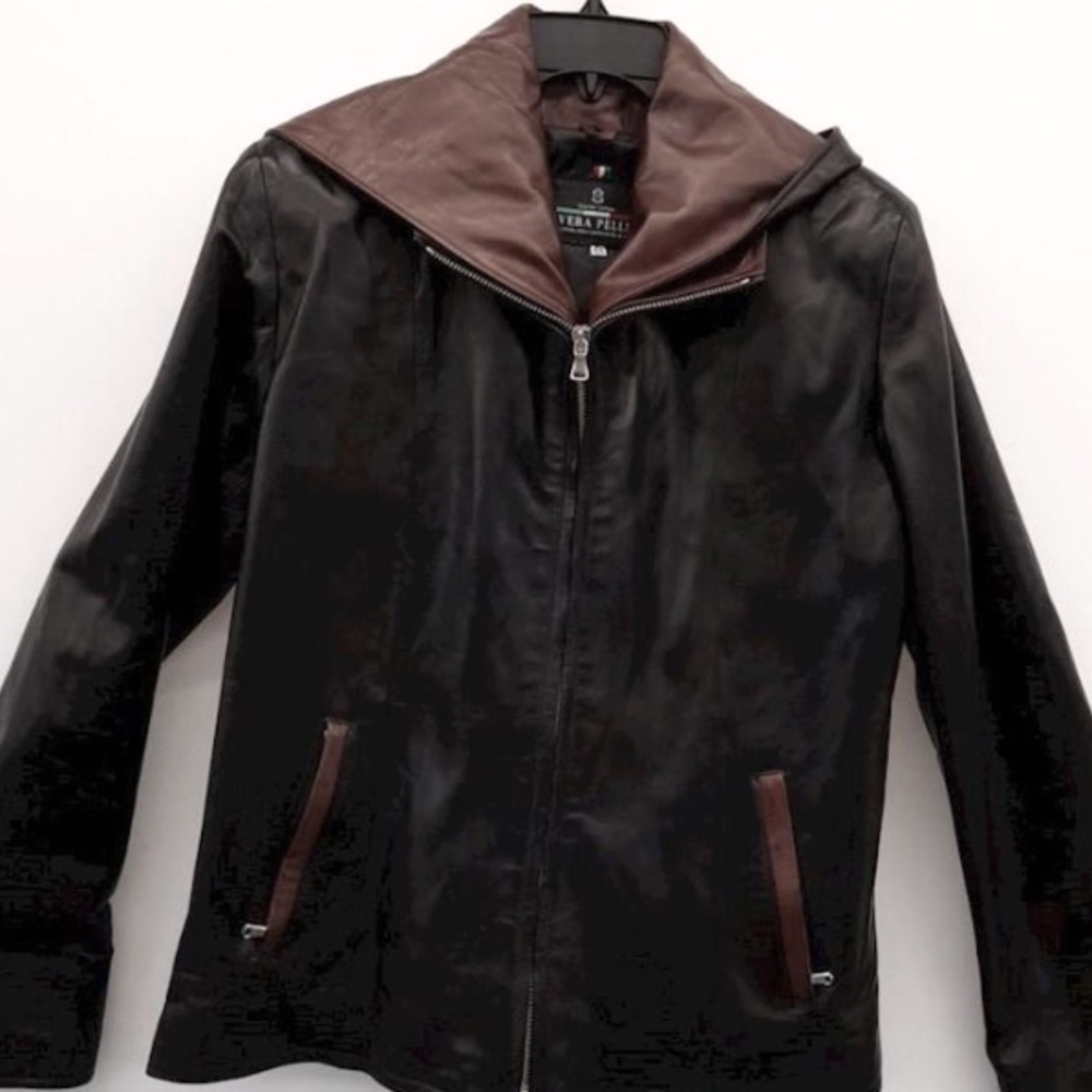 SOLD.  Vera Pelle Unisex Leather Hooded Blackish/Brown SZ 40-44 Jacket - NWOT